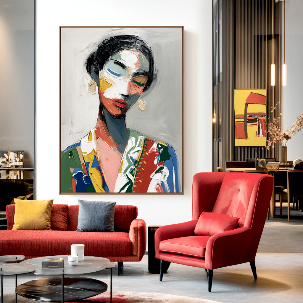 Abstract portrait of a woman with colorful brushstrokes in red, blue, yellow, and gray.