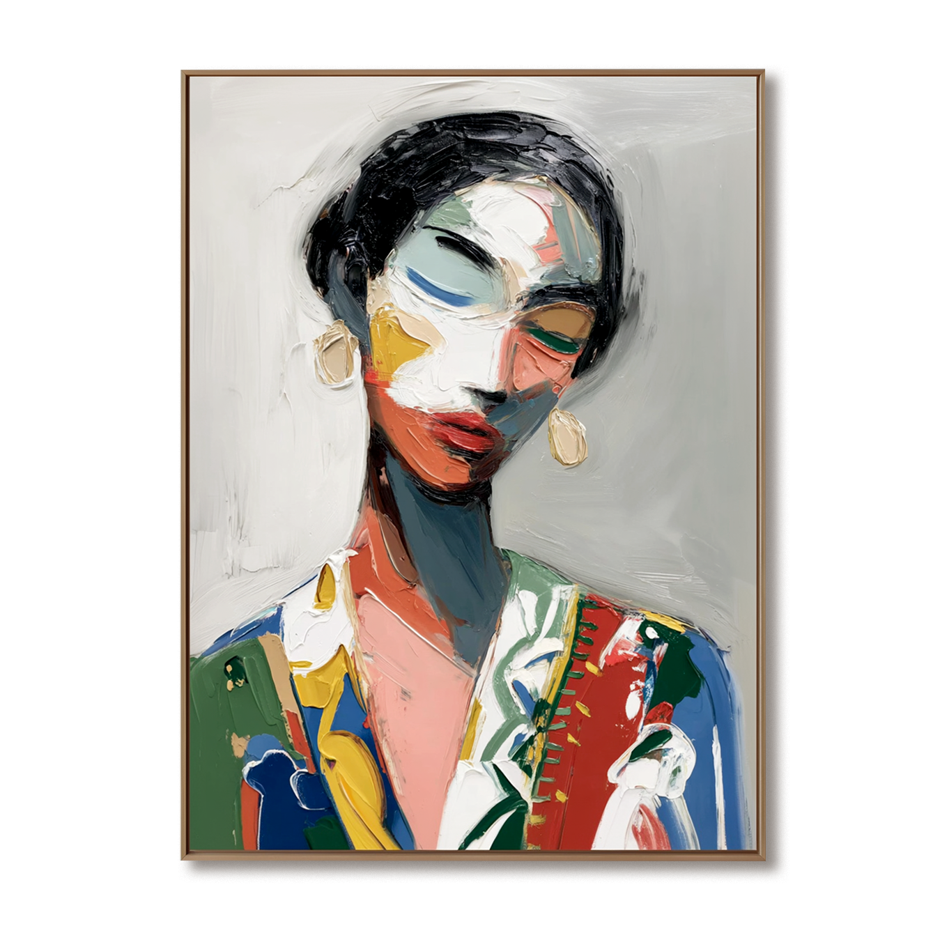 Abstract portrait of a woman with colorful brushstrokes in red, blue, yellow, and gray.