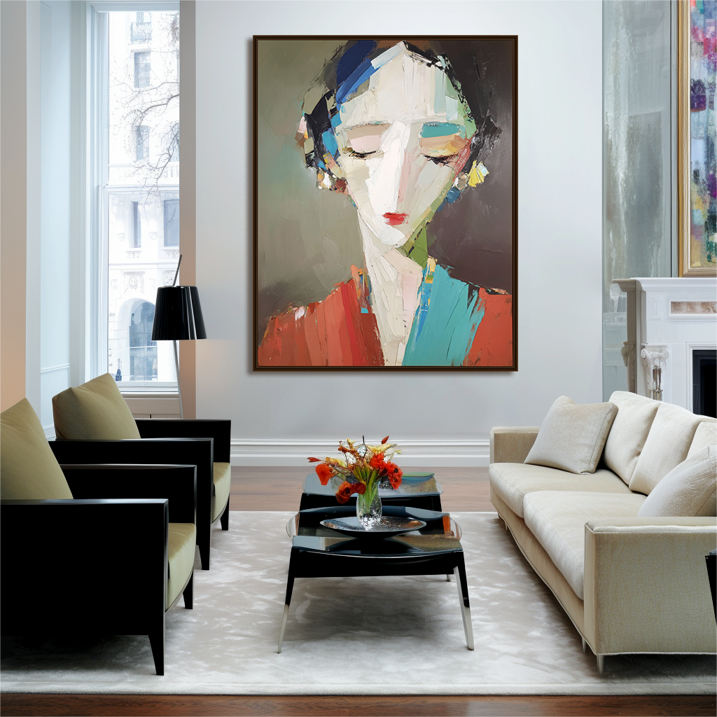 Abstract portrait of a woman with colorful geometric brushstrokes in red, blue, and yellow tones.