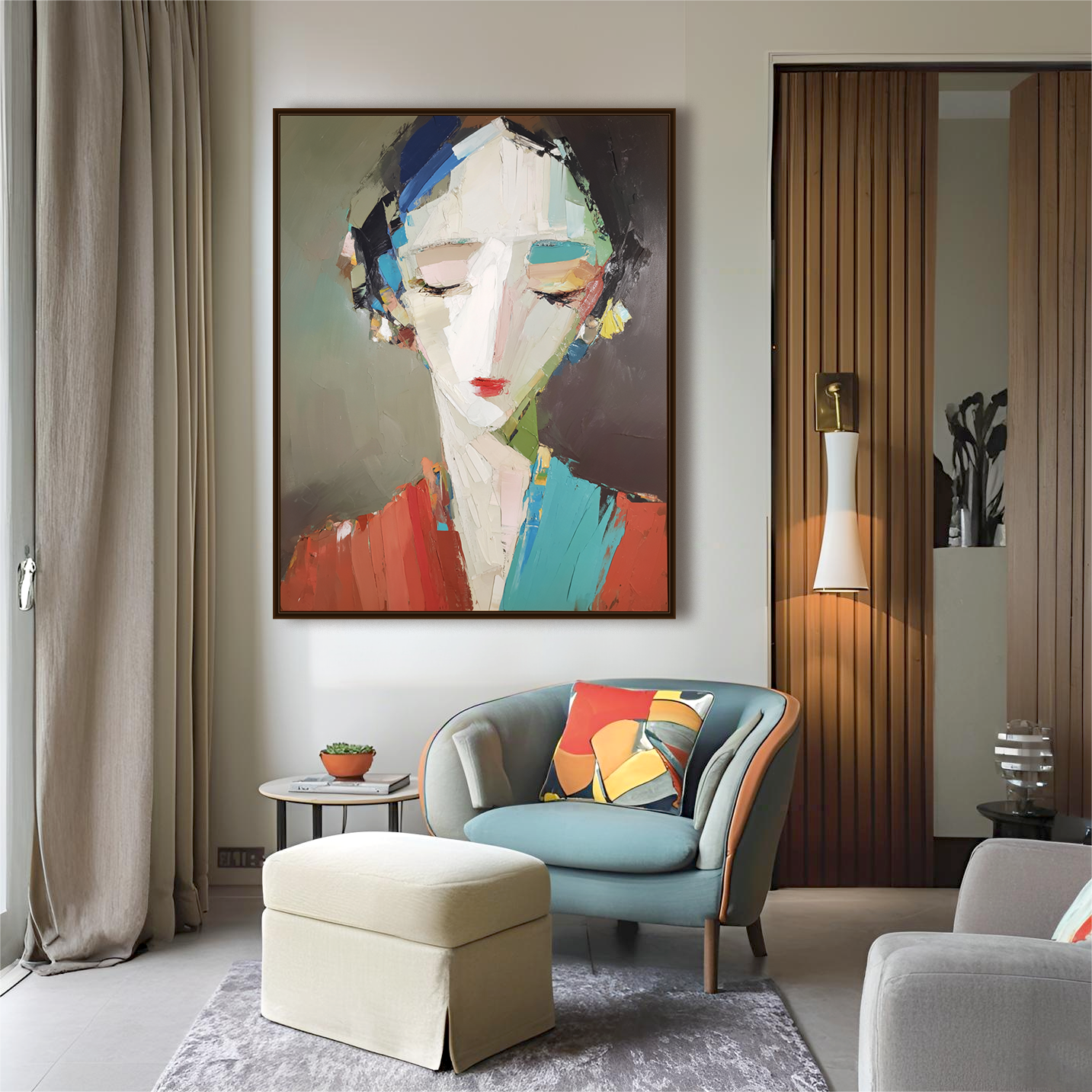 Abstract portrait of a woman with colorful geometric brushstrokes in red, blue, and yellow tones.