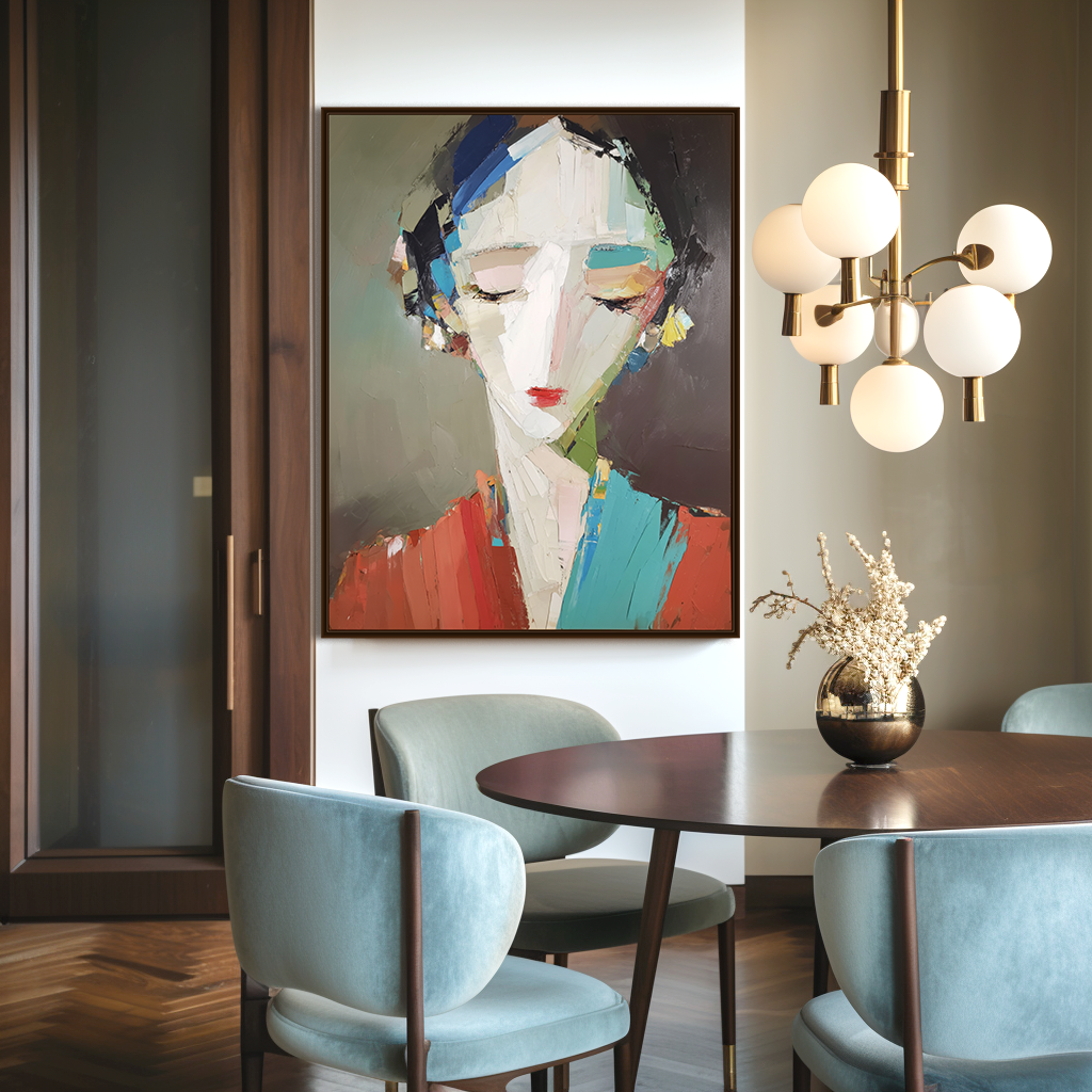 Abstract portrait of a woman with colorful geometric brushstrokes in red, blue, and yellow tones.