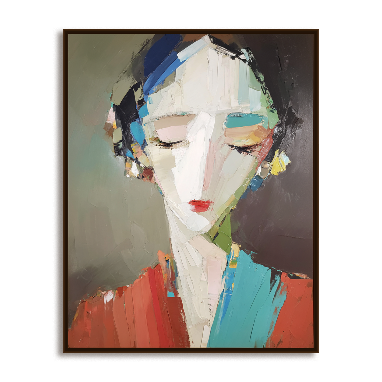 Abstract portrait of a woman with colorful geometric brushstrokes in red, blue, and yellow tones.