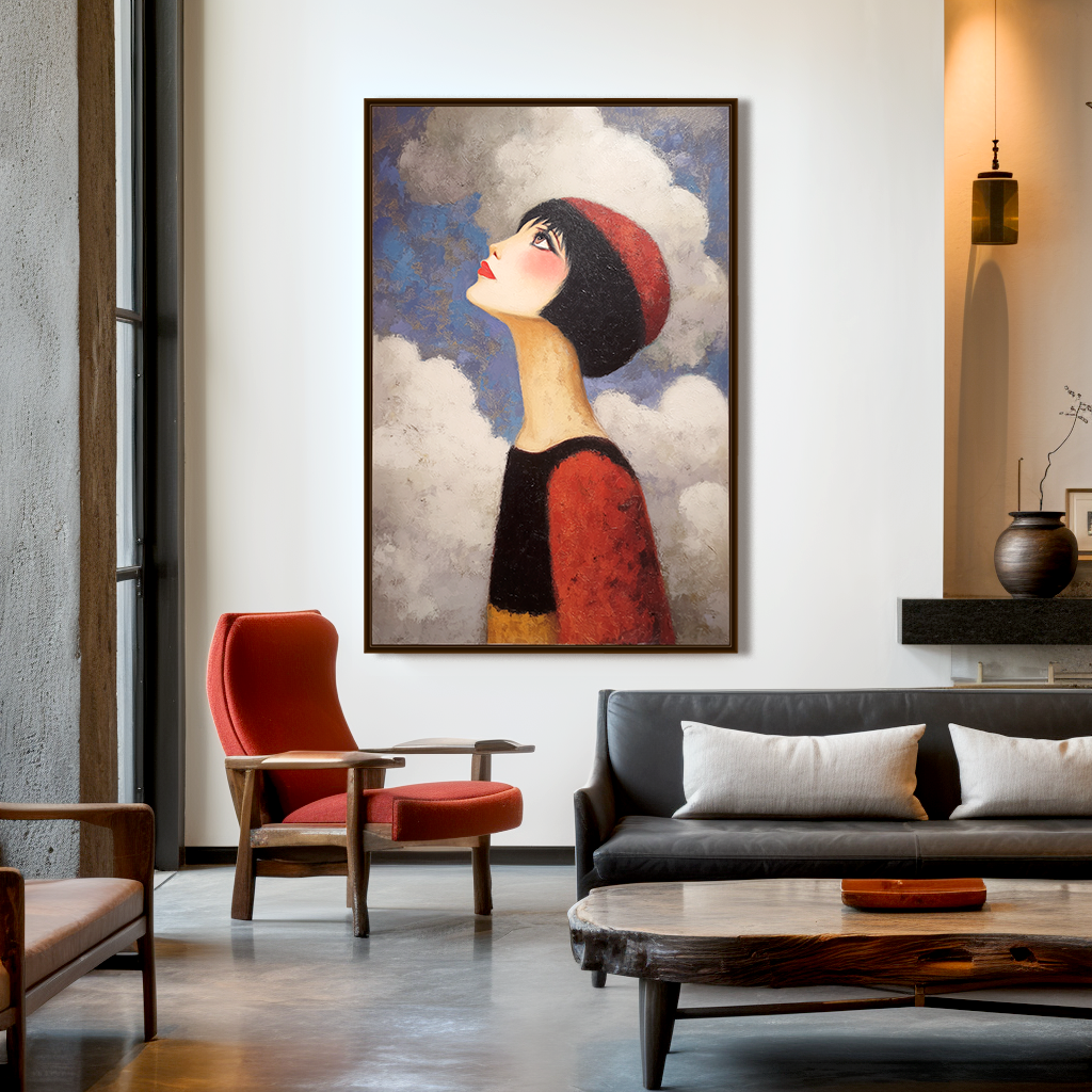 Whimsical portrait of a girl with a red hat looking at the clouds, with a dreamy expression.