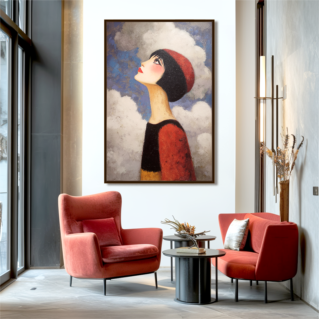 Whimsical portrait of a girl with a red hat looking at the clouds, with a dreamy expression.