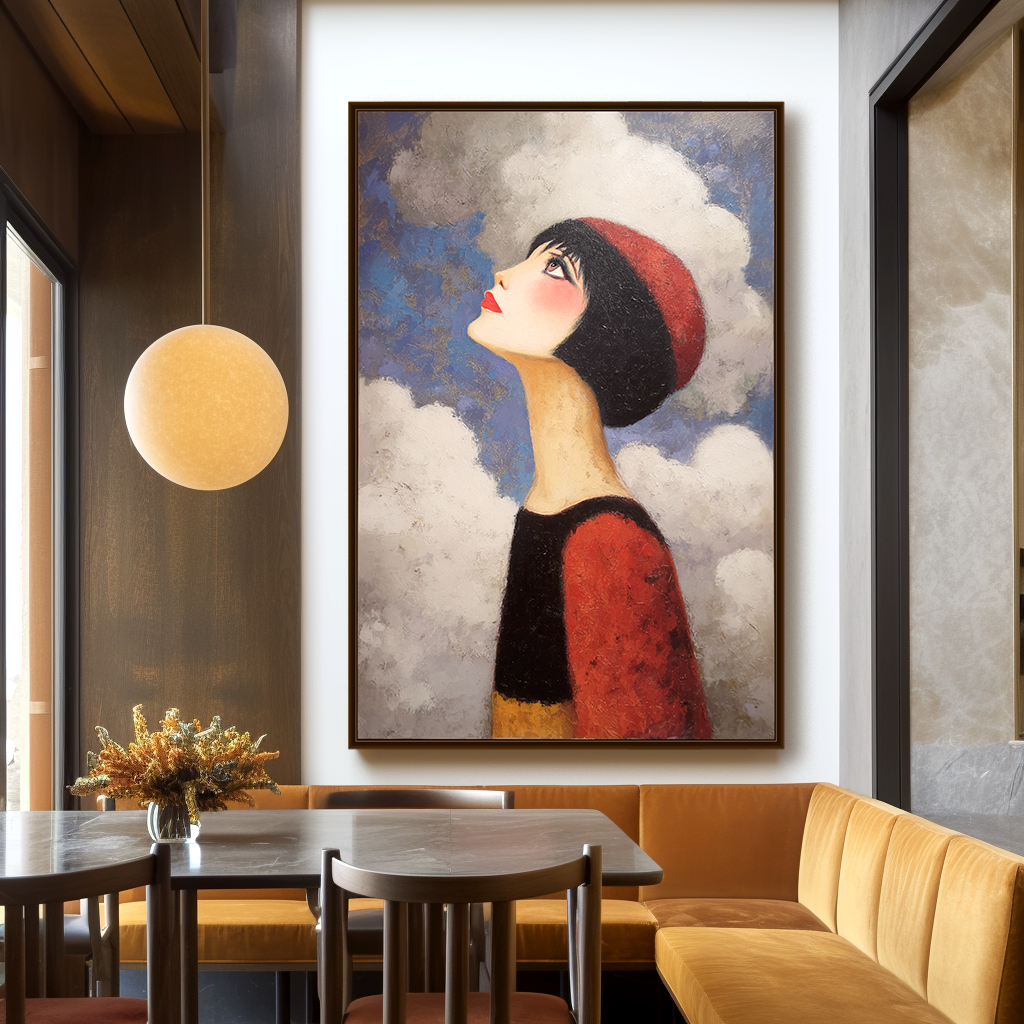 Whimsical portrait of a girl with a red hat looking at the clouds, with a dreamy expression.
