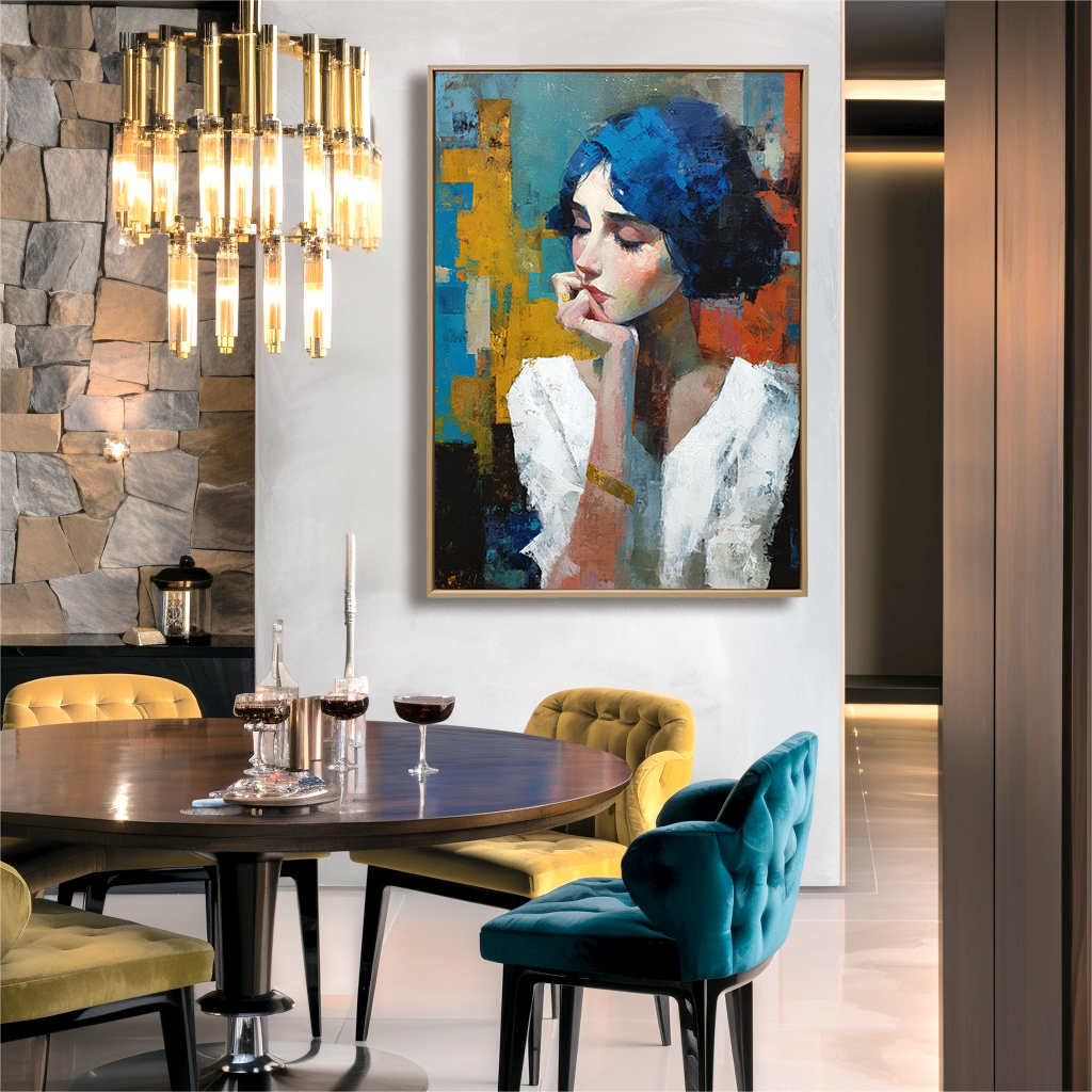 Abstract portrait of a woman with blue hair and vibrant colorful background.