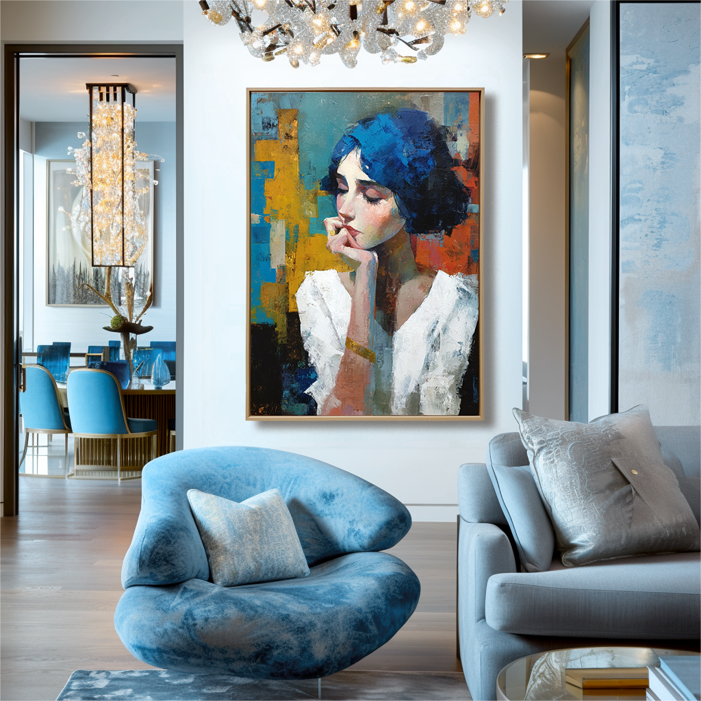 Abstract portrait of a woman with blue hair and vibrant colorful background.