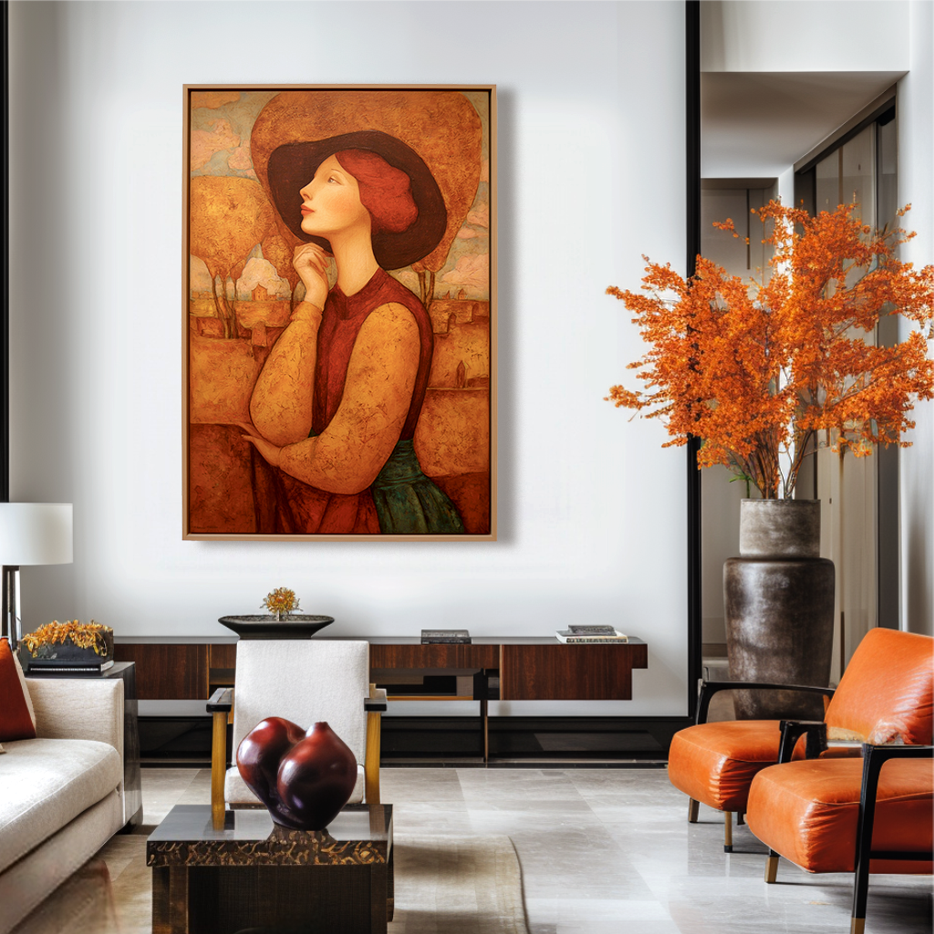 Elegant portrait of a woman with red hair and a wide-brimmed hat, surrounded by a warm autumn landscape in earthy tones.