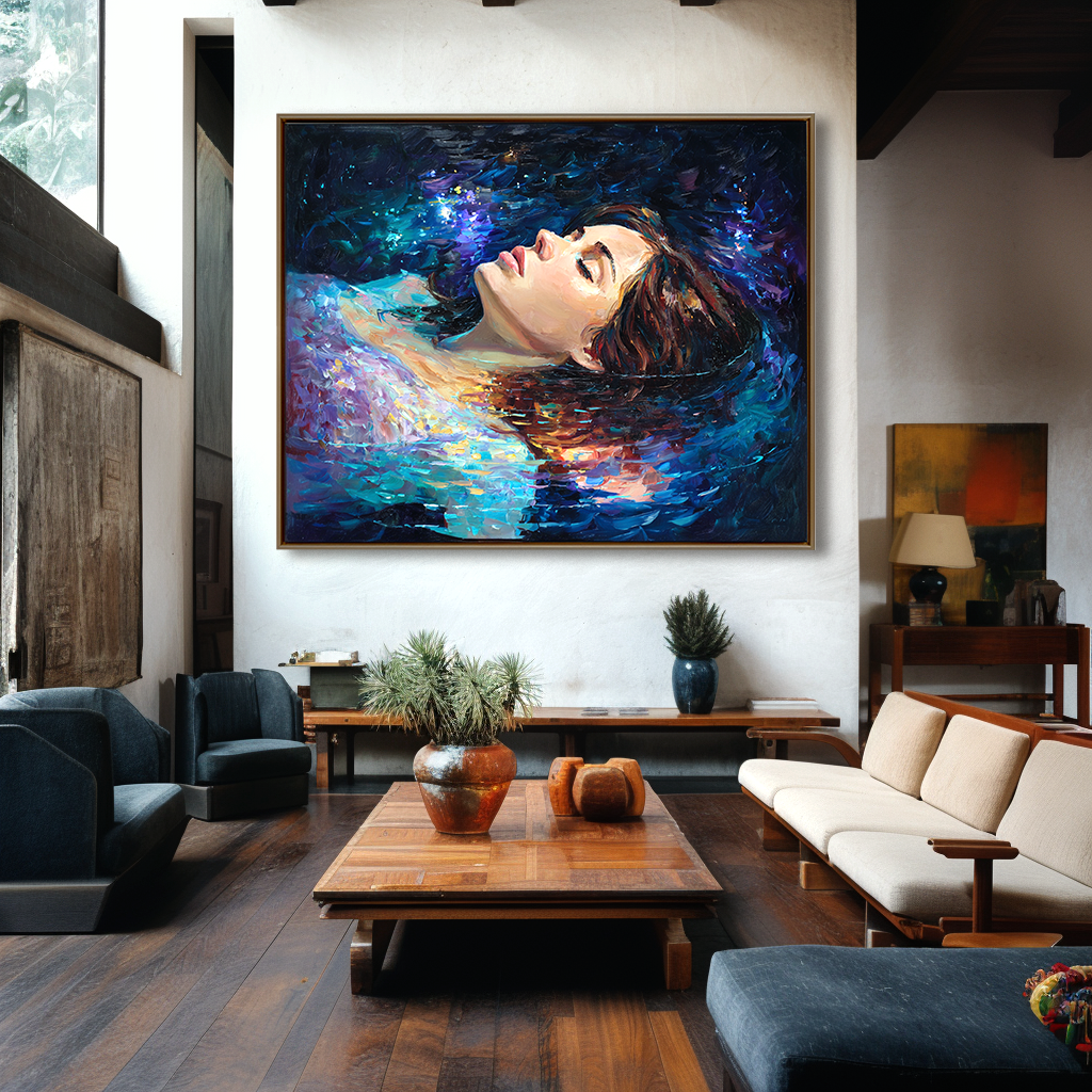 Abstract portrait of a woman floating in cosmic water with vibrant colors and starry effects.