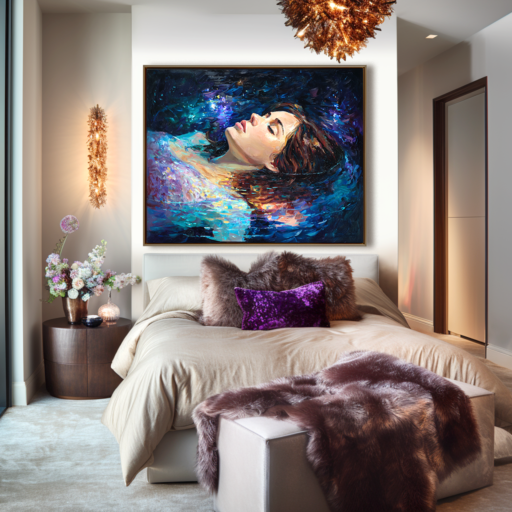 Abstract portrait of a woman floating in cosmic water with vibrant colors and starry effects.
