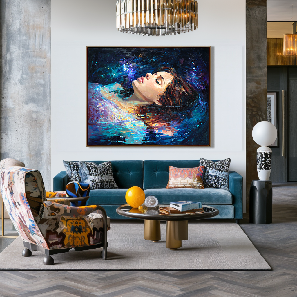 Abstract portrait of a woman floating in cosmic water with vibrant colors and starry effects.