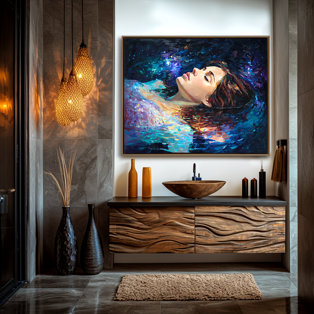 Abstract portrait of a woman floating in cosmic water with vibrant colors and starry effects.