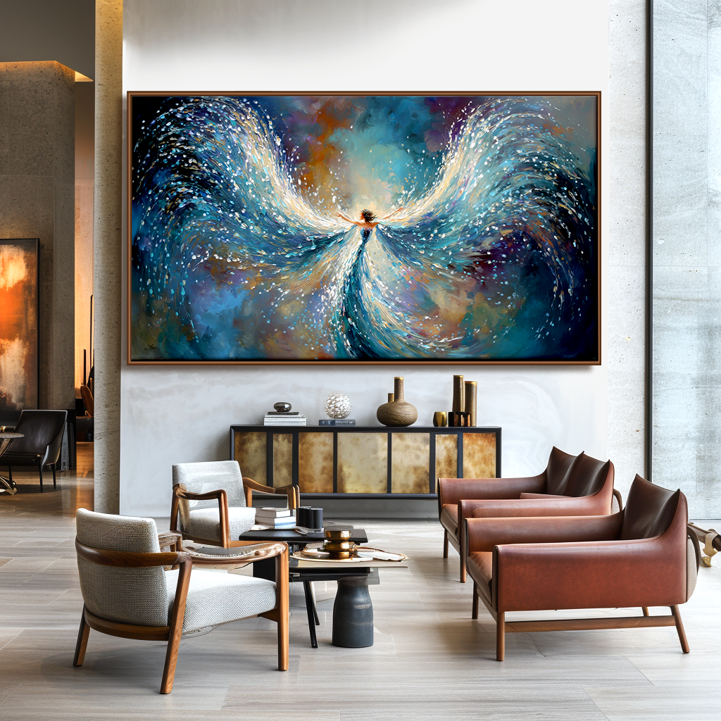 Flowing Angel in Motion - Abstract Oil Painting of Wings and Light