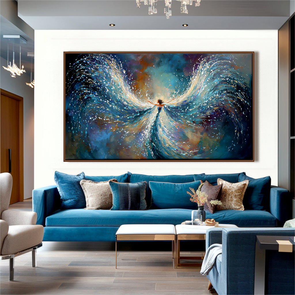 Flowing Angel in Motion - Abstract Oil Painting of Wings and Light