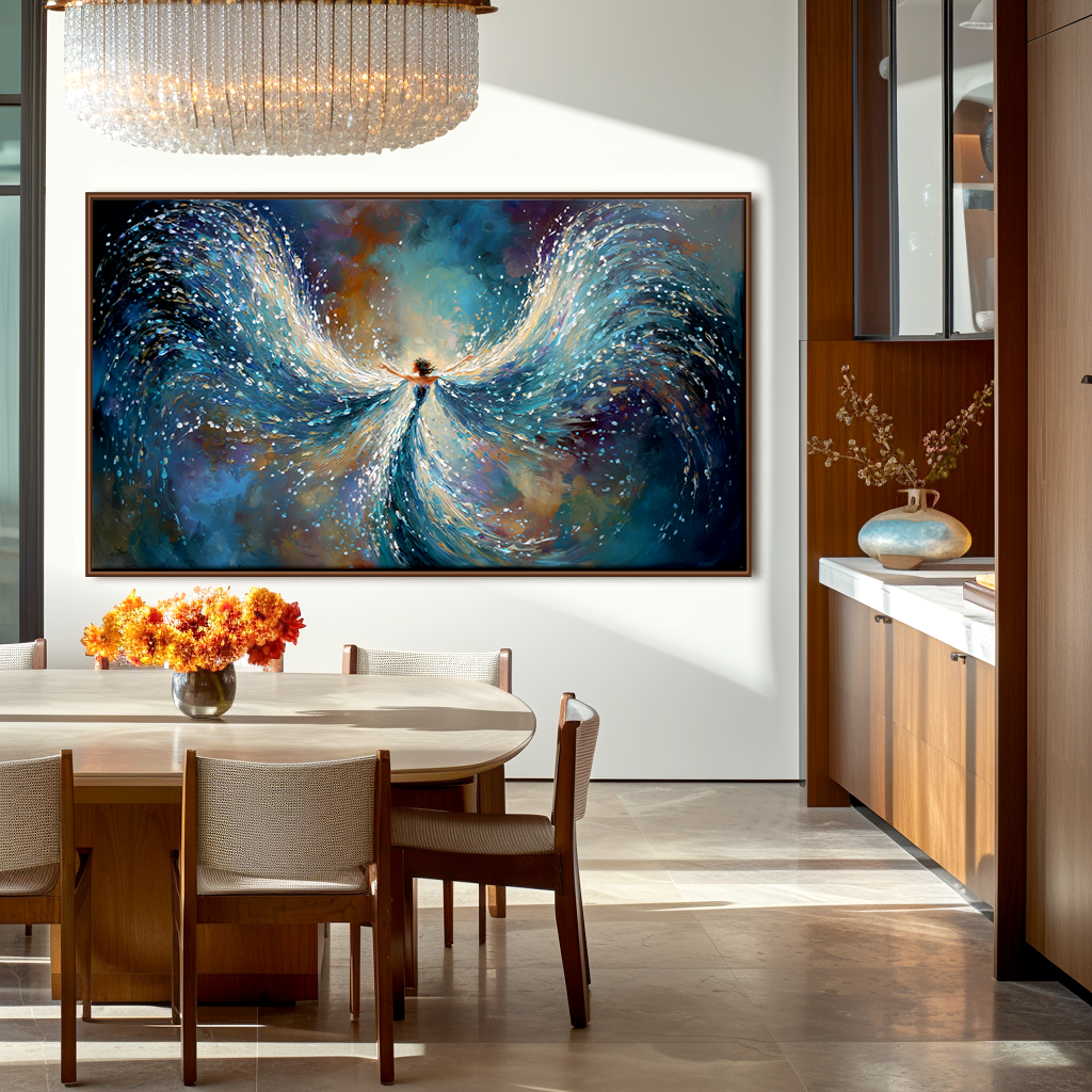 Flowing Angel in Motion - Abstract Oil Painting of Wings and Light