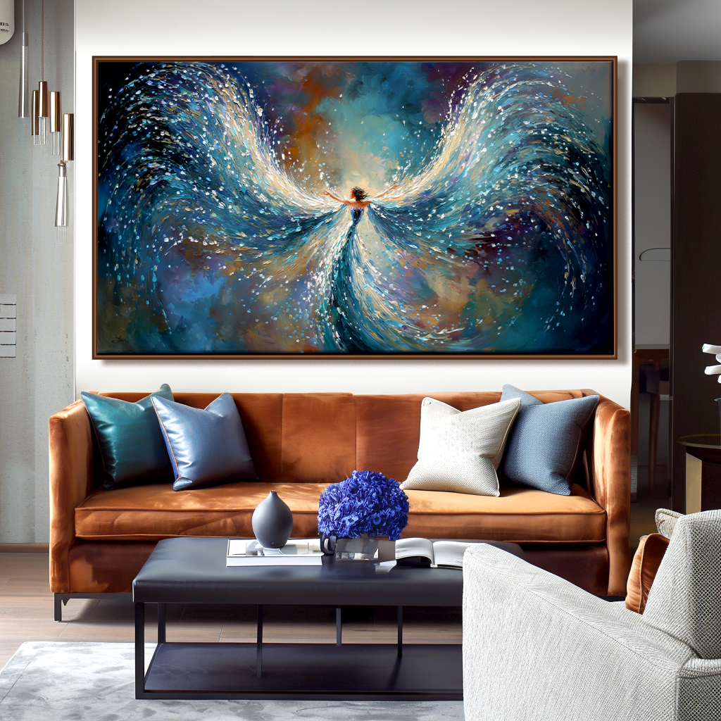 Flowing Angel in Motion - Abstract Oil Painting of Wings and Light