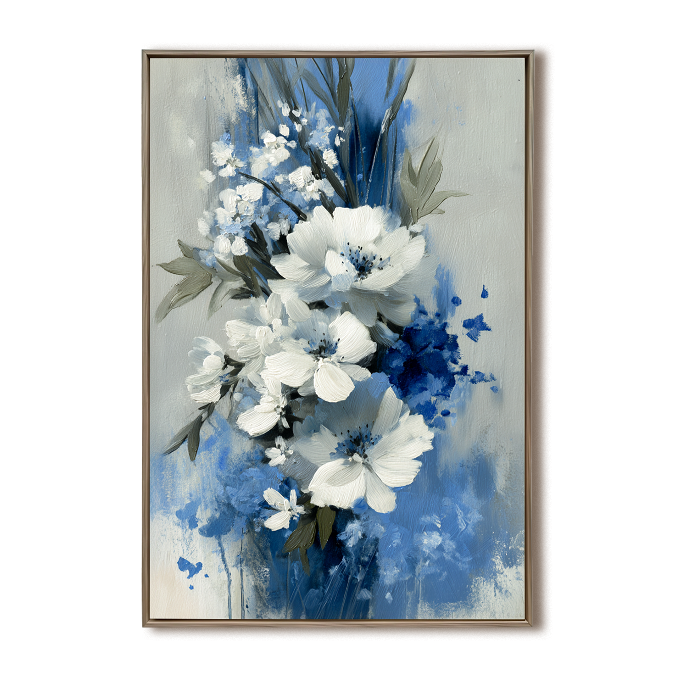 Blue and white floral oil painting with textured petals and modern abstract style