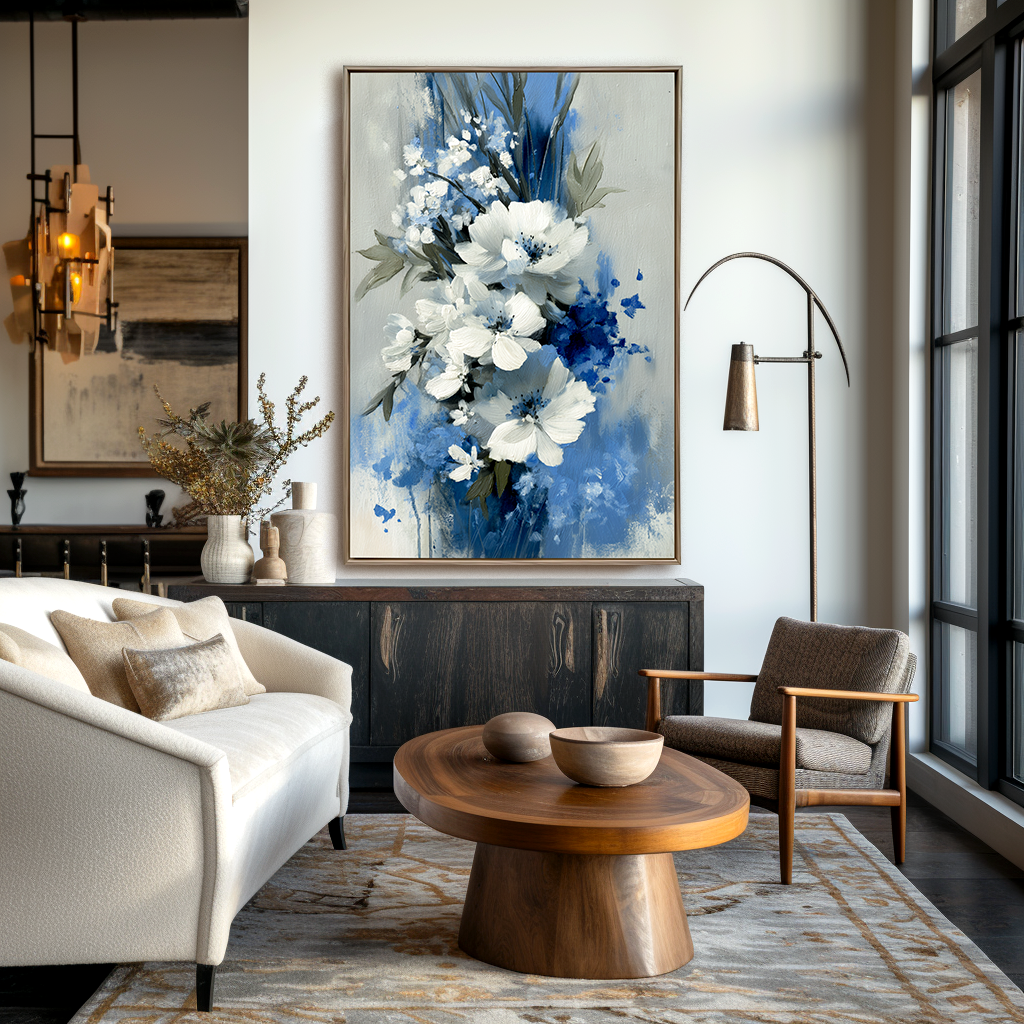 Blue and white floral oil painting with textured petals and modern abstract style