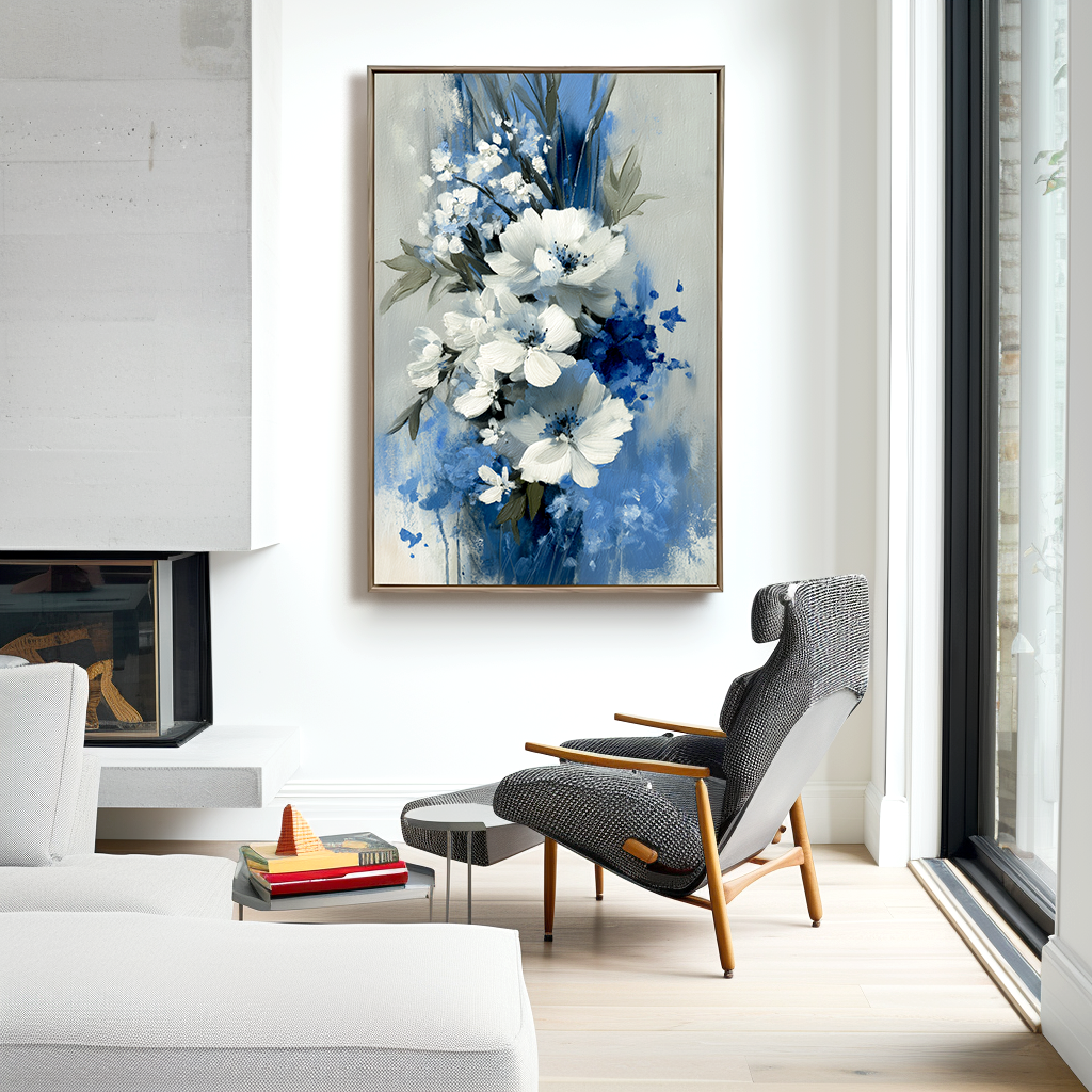 Blue and white floral oil painting with textured petals and modern abstract style