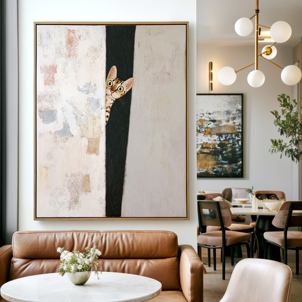 Peeking Cat – Playful Abstract Painting with Intrigue