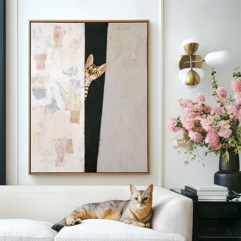 Peeking Cat – Playful Abstract Painting with Intrigue