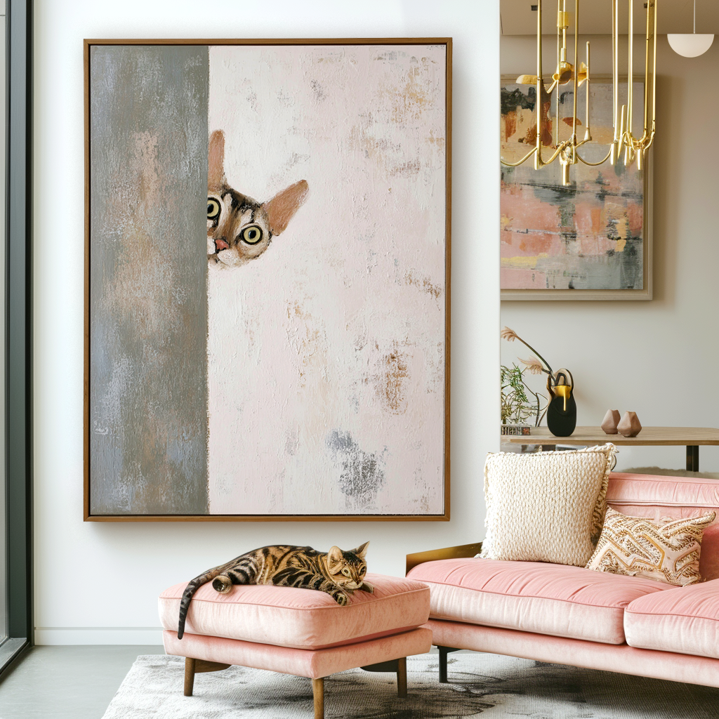 Curious Cat – Whimsical Abstract Painting with Playful Charm