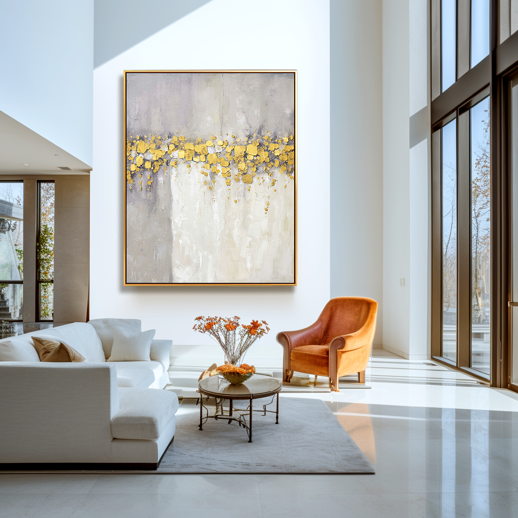 Abstract art with gold accents and soft gray and white tones creating an elegant and serene composition