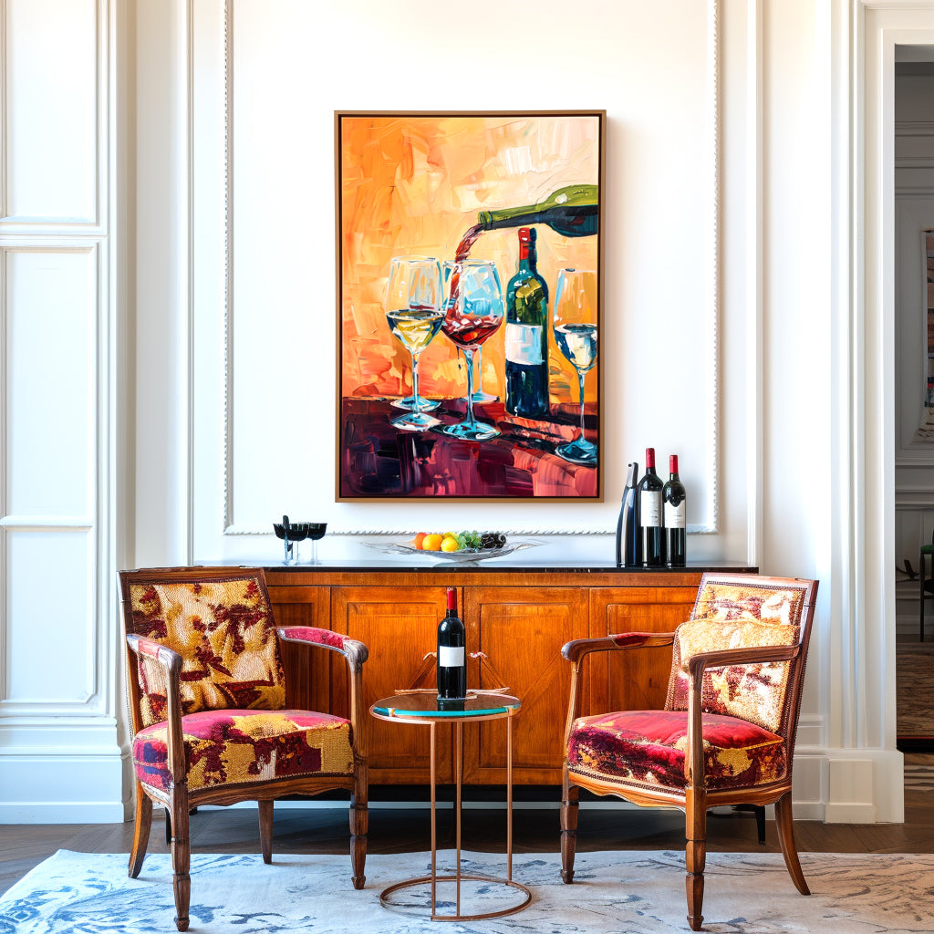 Abstract painting of wine being poured into glasses with vivid orange and red tones.