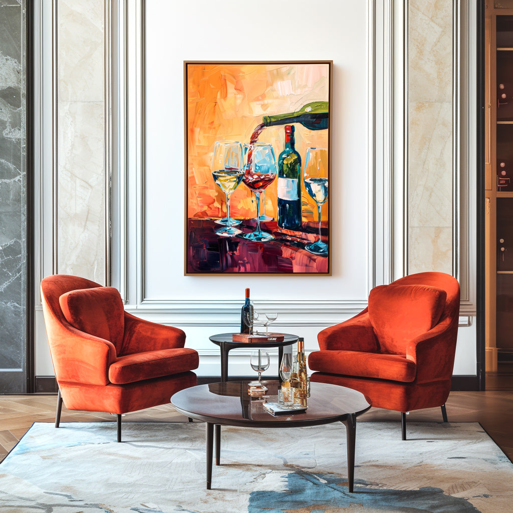 Abstract painting of wine being poured into glasses with vivid orange and red tones.