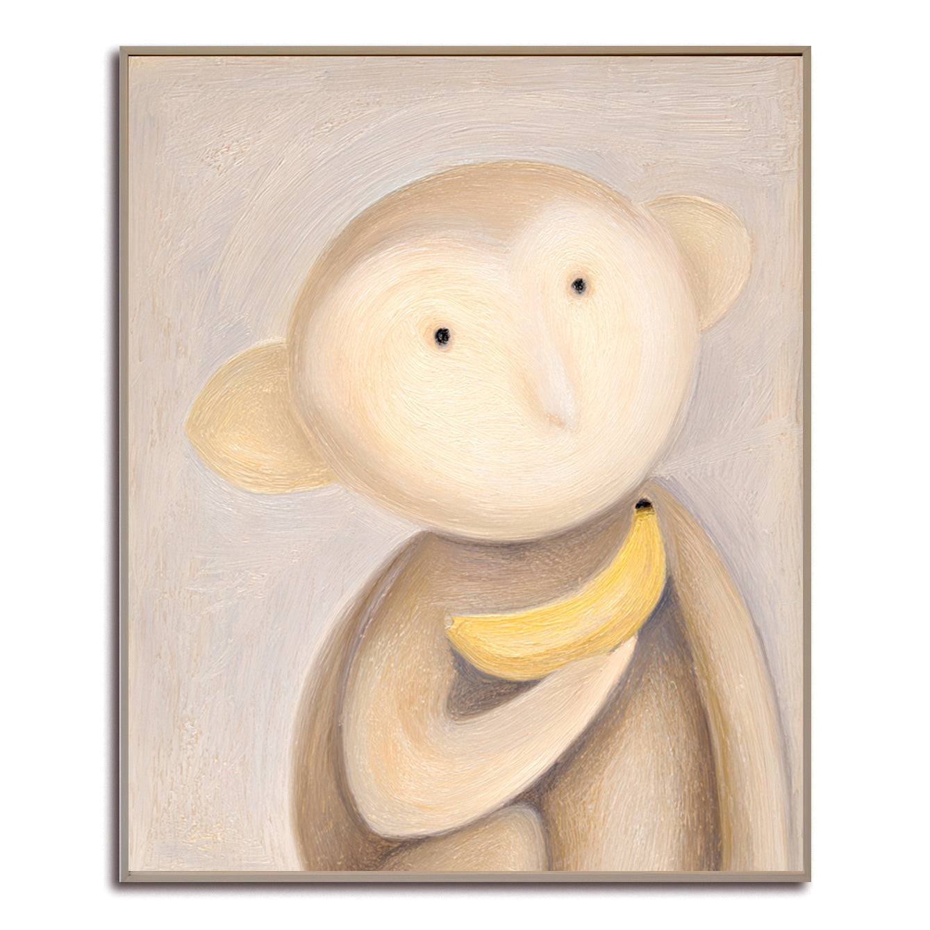 Whimsical painting of a cute monkey holding a banana with soft, muted tones.