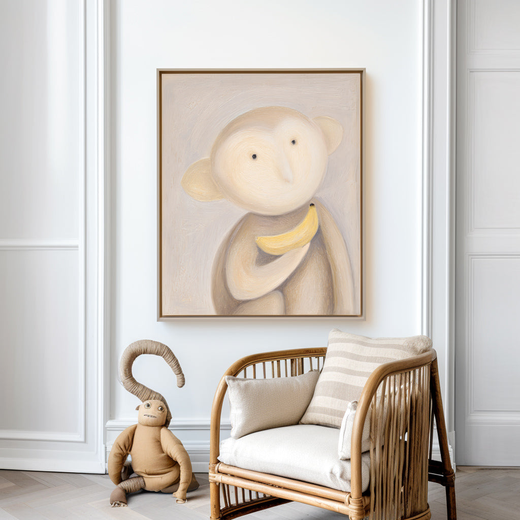 Whimsical painting of a cute monkey holding a banana with soft, muted tones.
