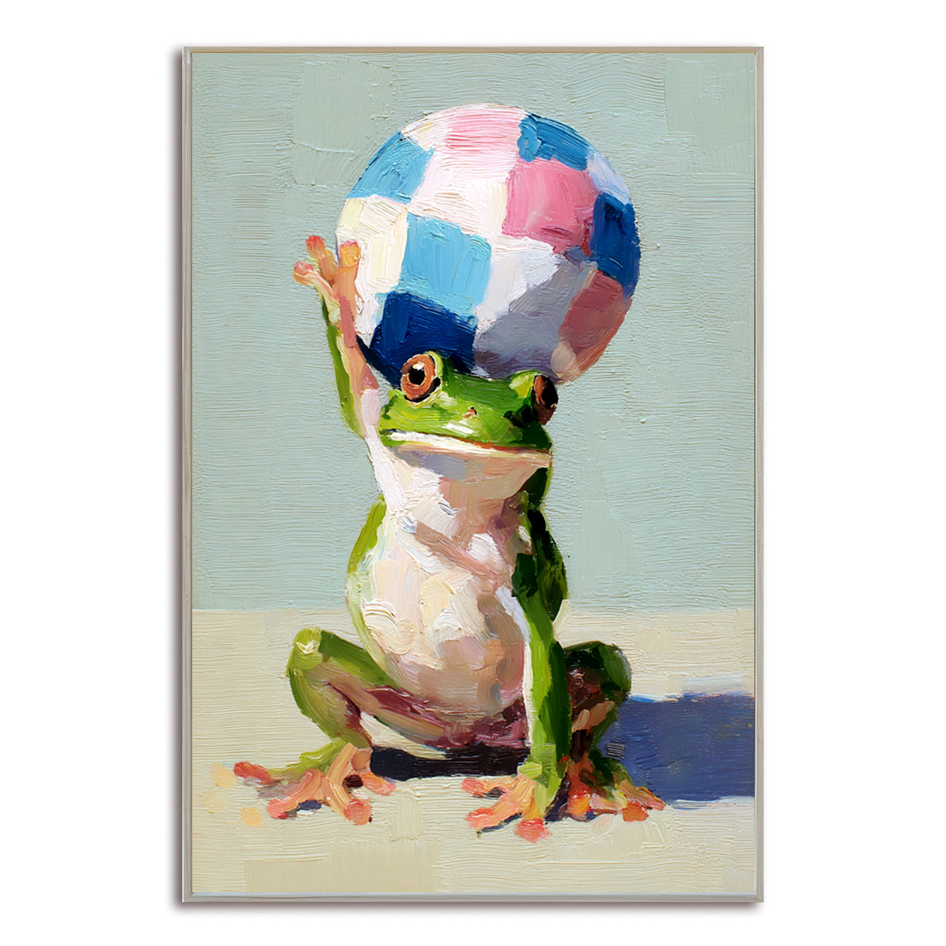 Whimsical painting of a frog balancing a colorful ball on its head with a playful expression.