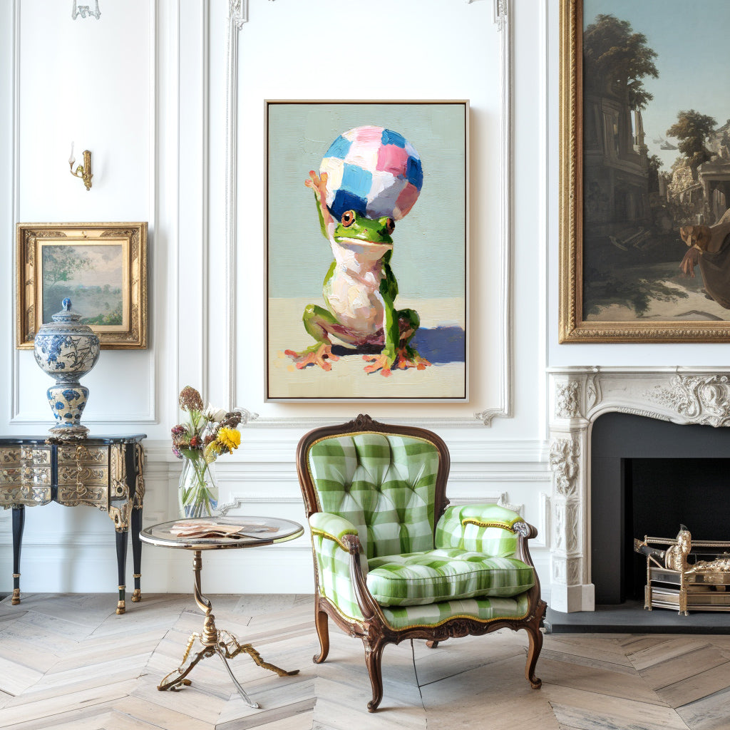 Whimsical painting of a frog balancing a colorful ball on its head with a playful expression.