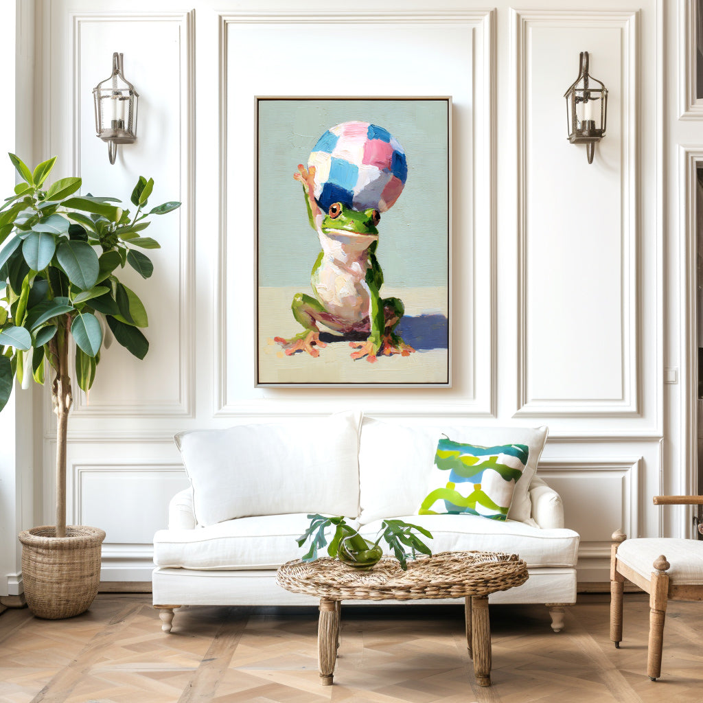 Whimsical painting of a frog balancing a colorful ball on its head with a playful expression.