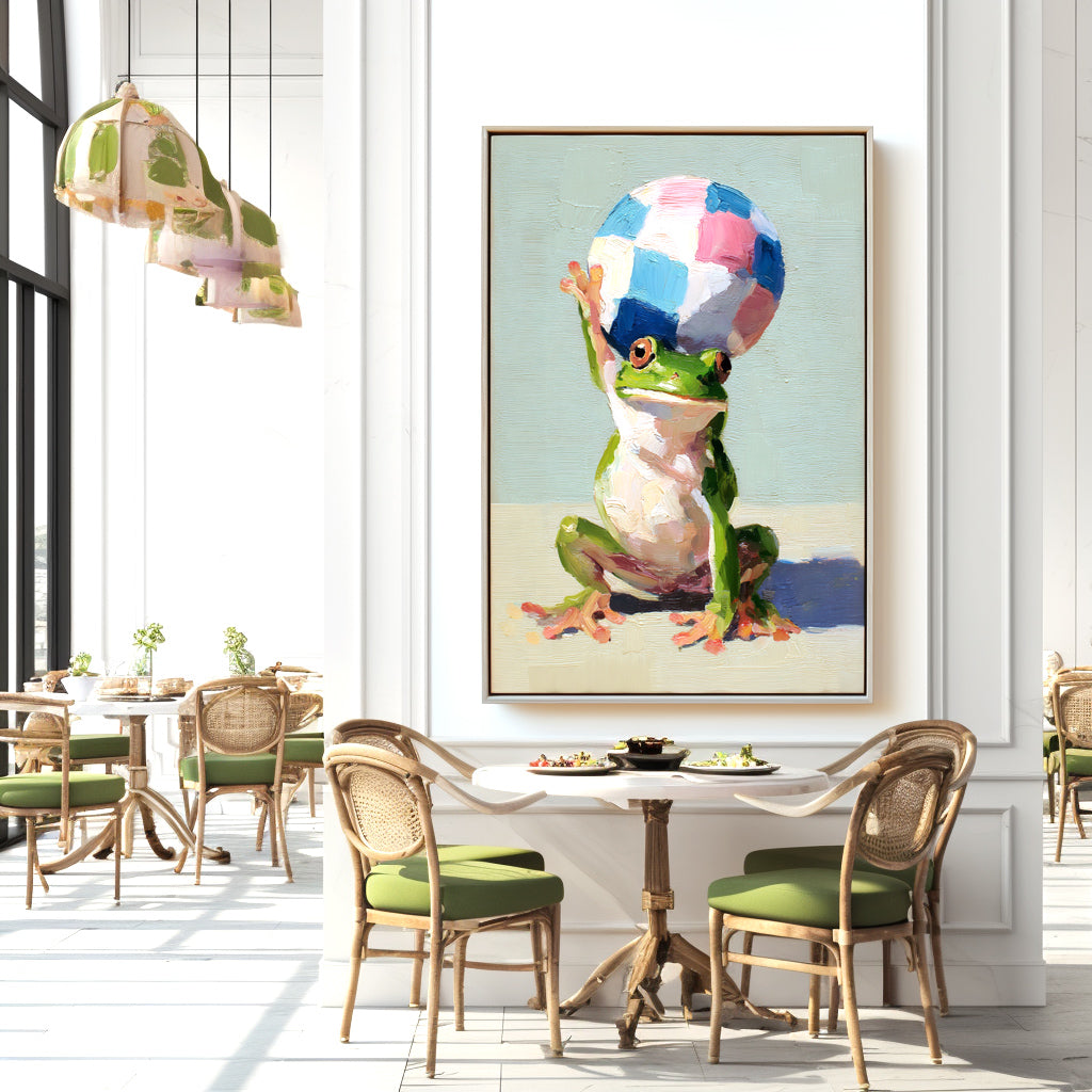 Whimsical painting of a frog balancing a colorful ball on its head with a playful expression.