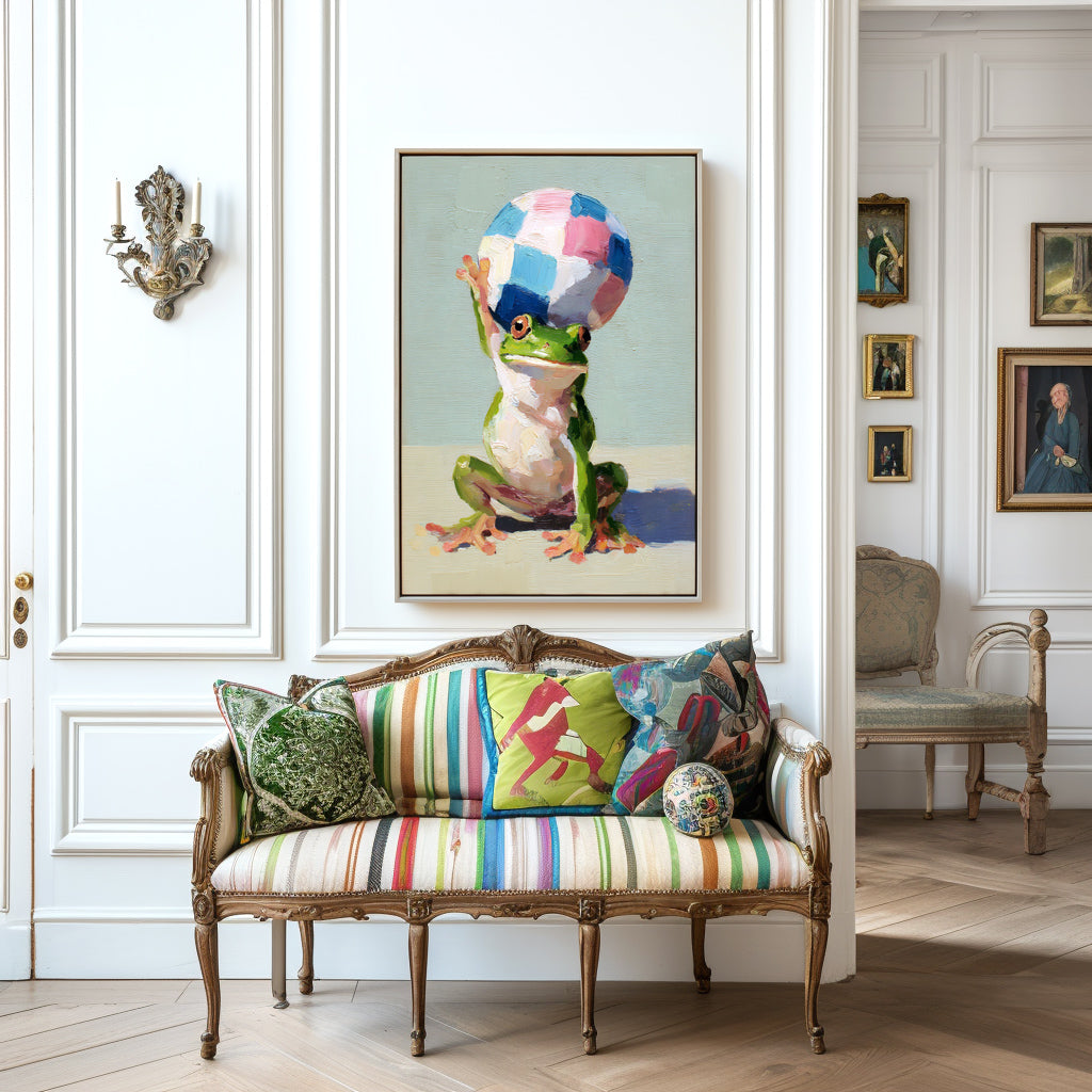 Whimsical painting of a frog balancing a colorful ball on its head with a playful expression.