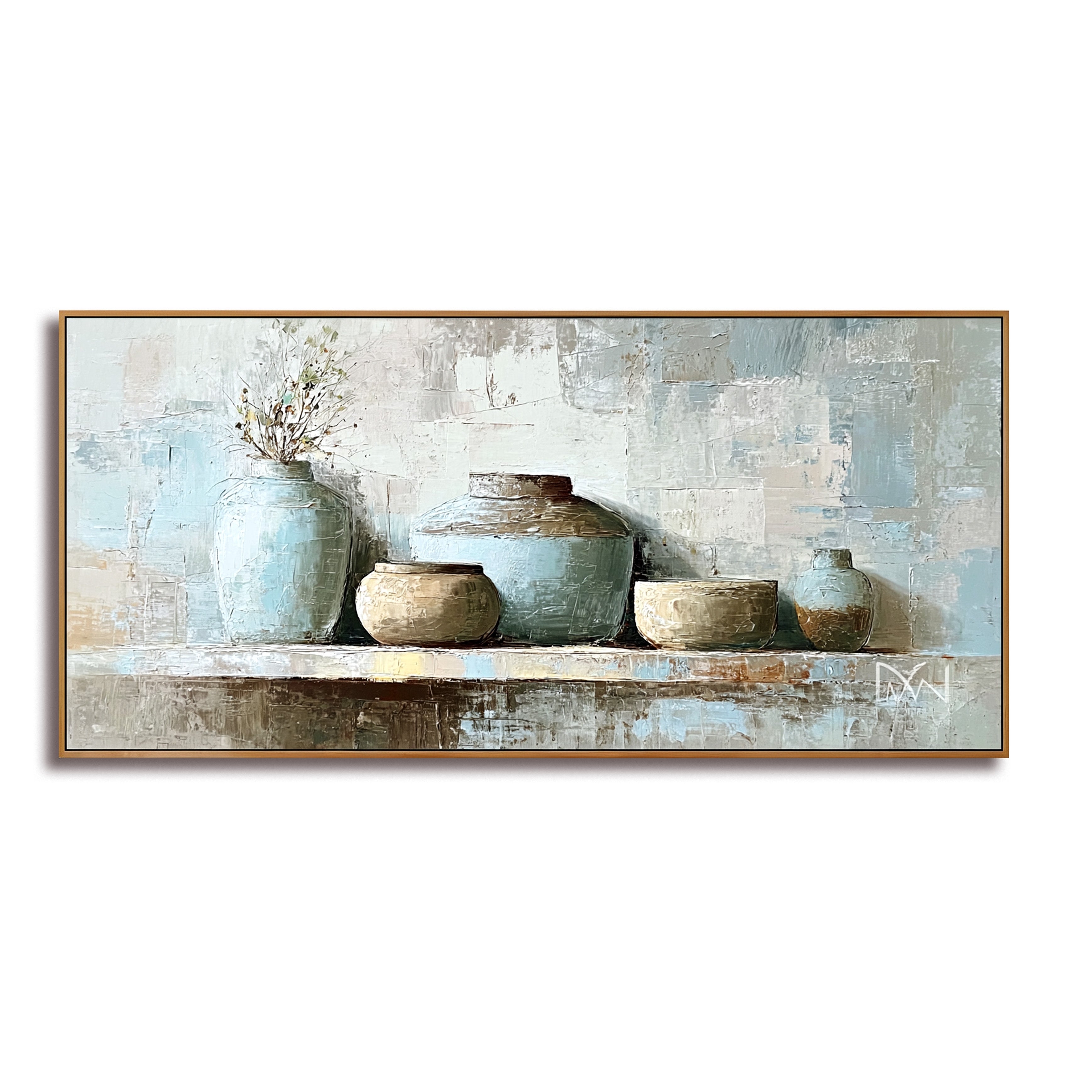 Rustic Pottery Still Life with Blue and Earthy Tones - Handmade Oil Painting