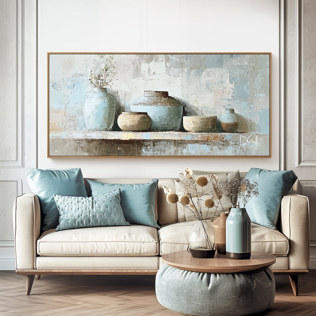 Rustic Pottery Still Life with Blue and Earthy Tones - Handmade Oil Painting