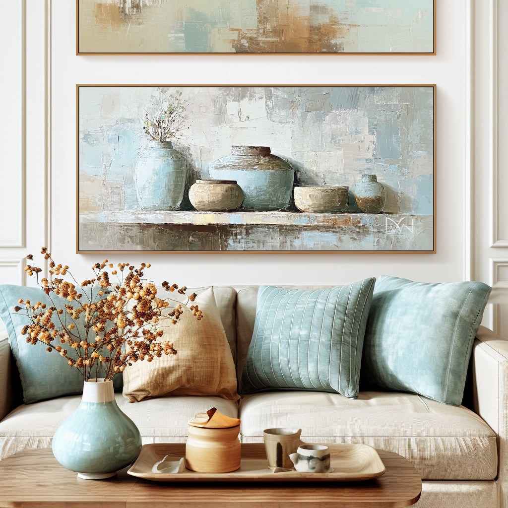 Rustic Pottery Still Life with Blue and Earthy Tones - Handmade Oil Painting