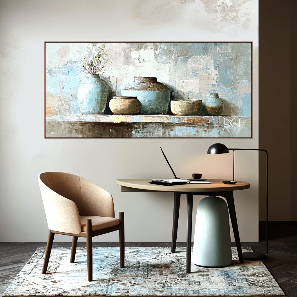 Rustic Pottery Still Life with Blue and Earthy Tones - Handmade Oil Painting