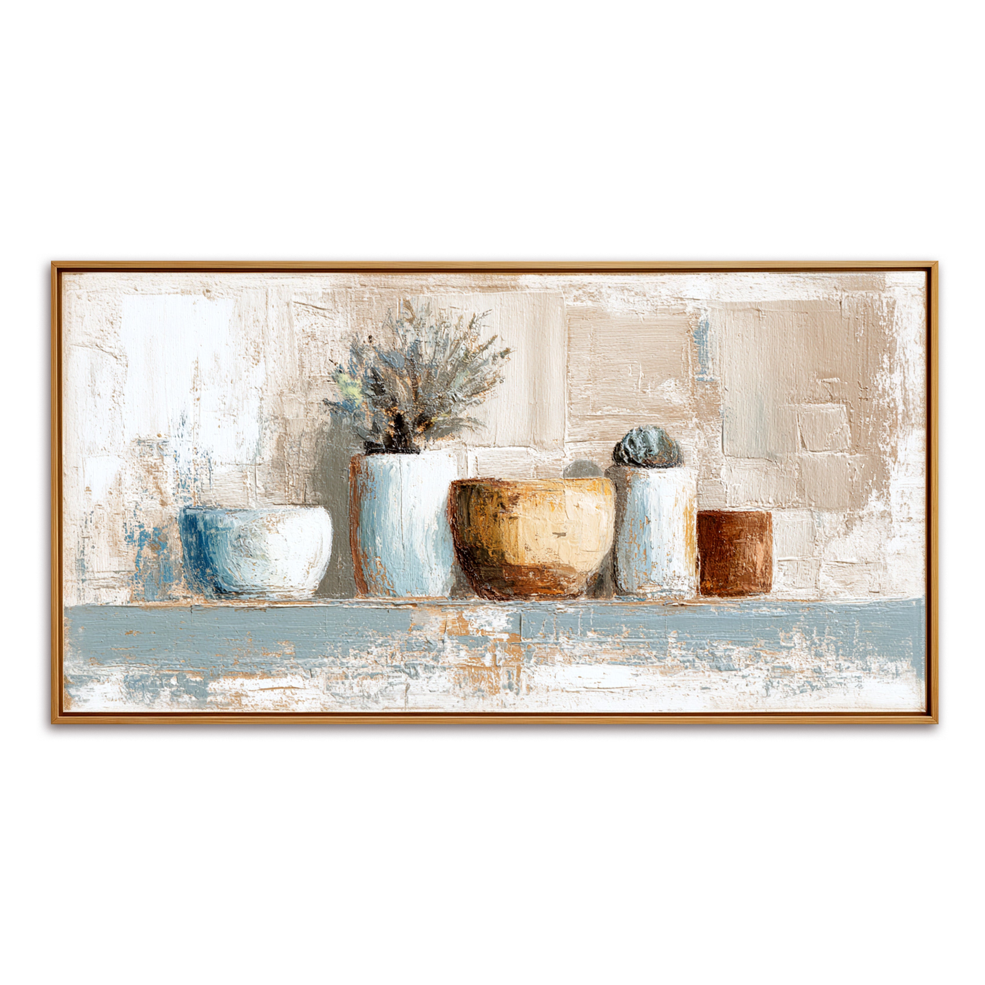 Textured still life painting of ceramic pots and plants on a shelf, with soft white, yellow, and earthy tones
