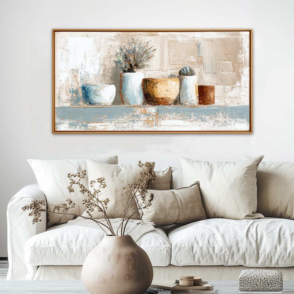Textured still life painting of ceramic pots and plants on a shelf, with soft white, yellow, and earthy tones