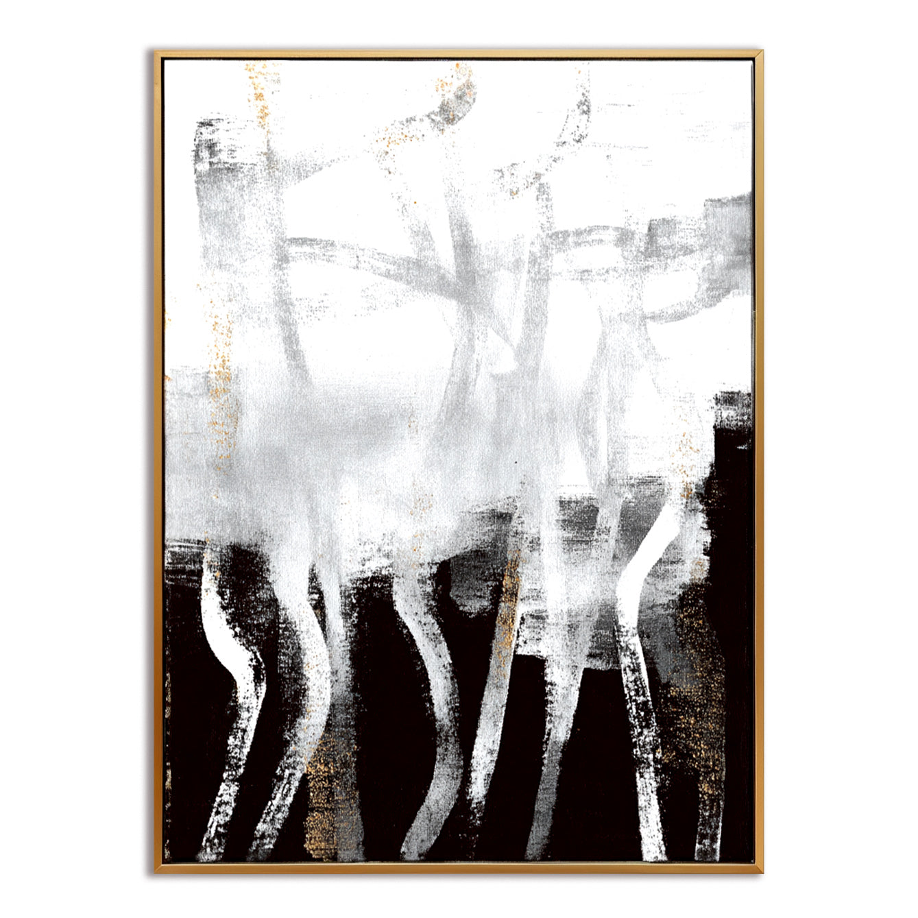 Abstract textured painting in black, white, and gold with flowing lines and modern minimalism