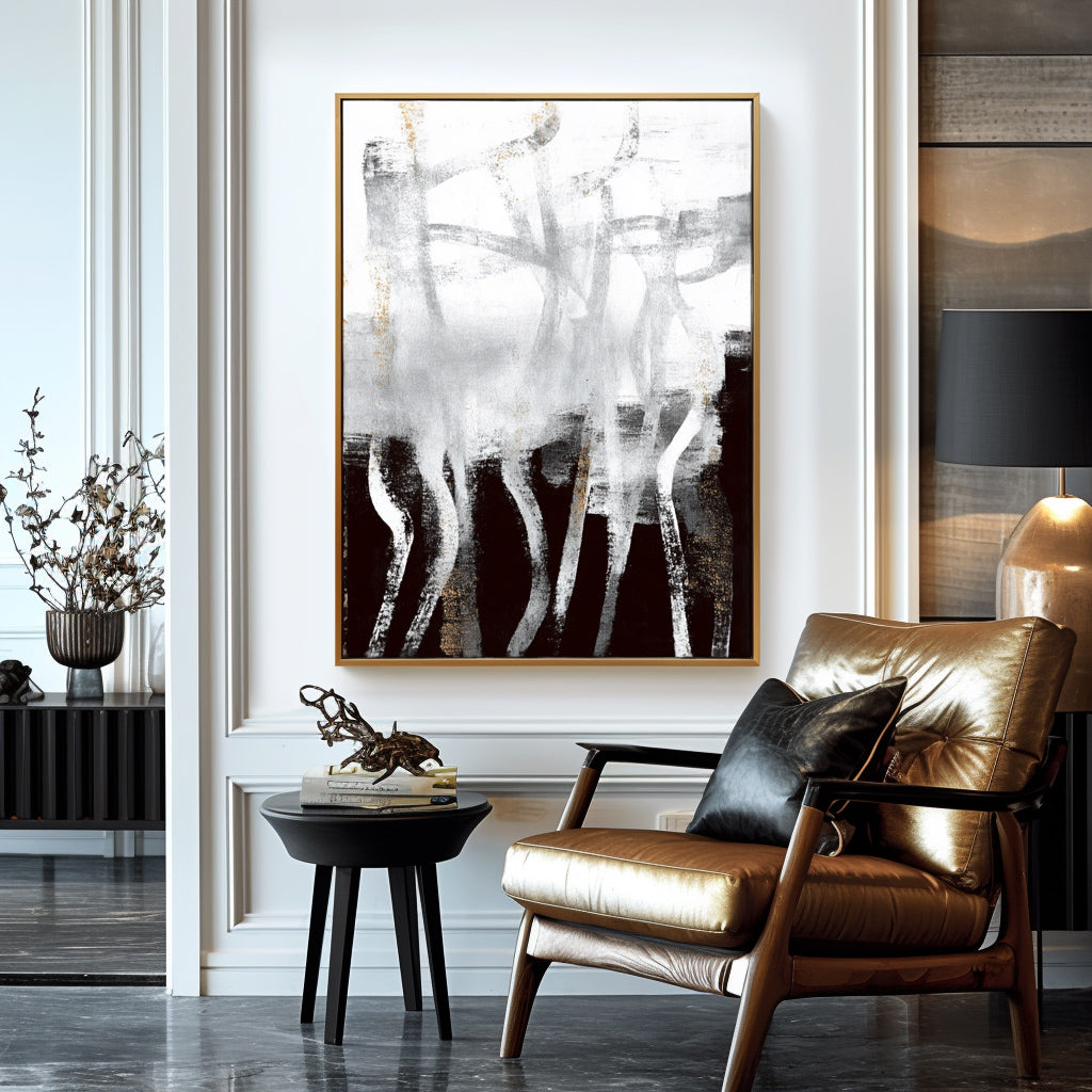 Abstract textured painting in black, white, and gold with flowing lines and modern minimalism