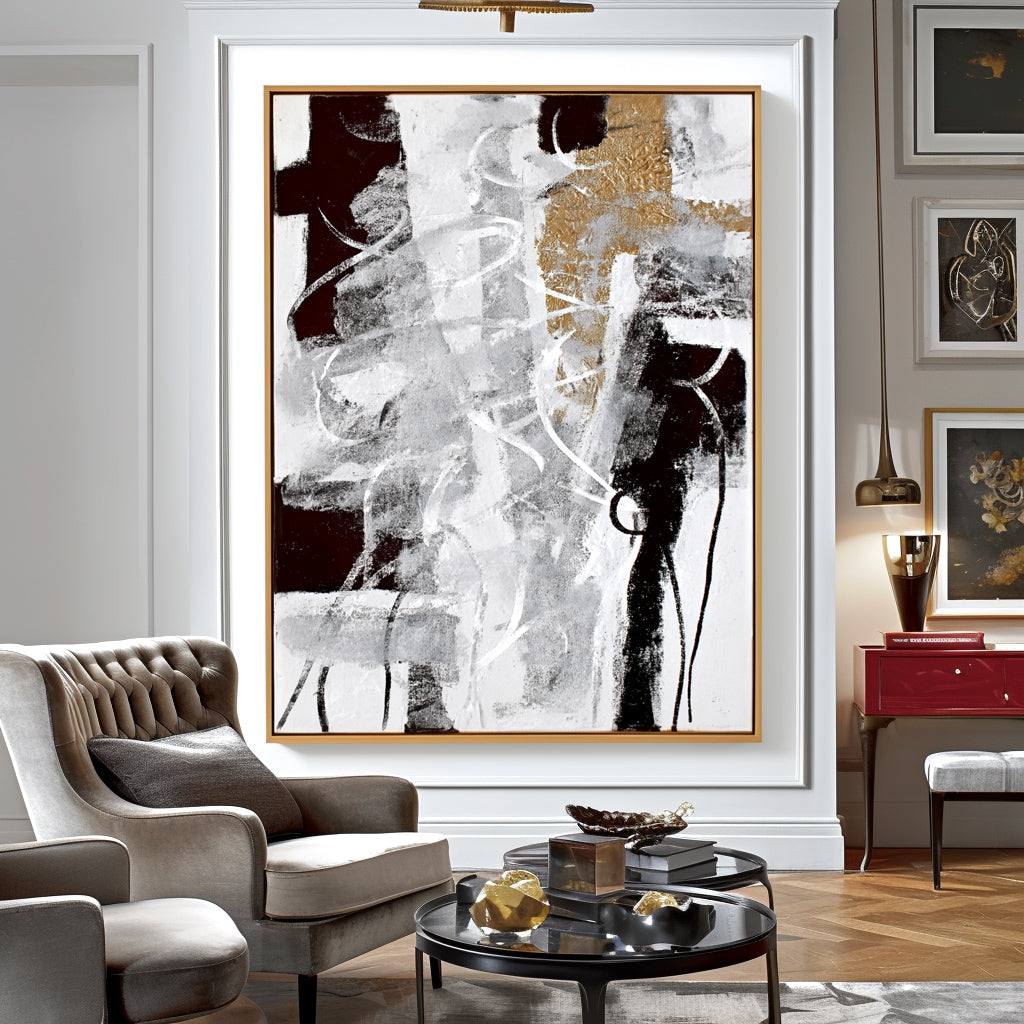 Abstract Black and White Art with Gold Accents – Modern Minimalist Painting