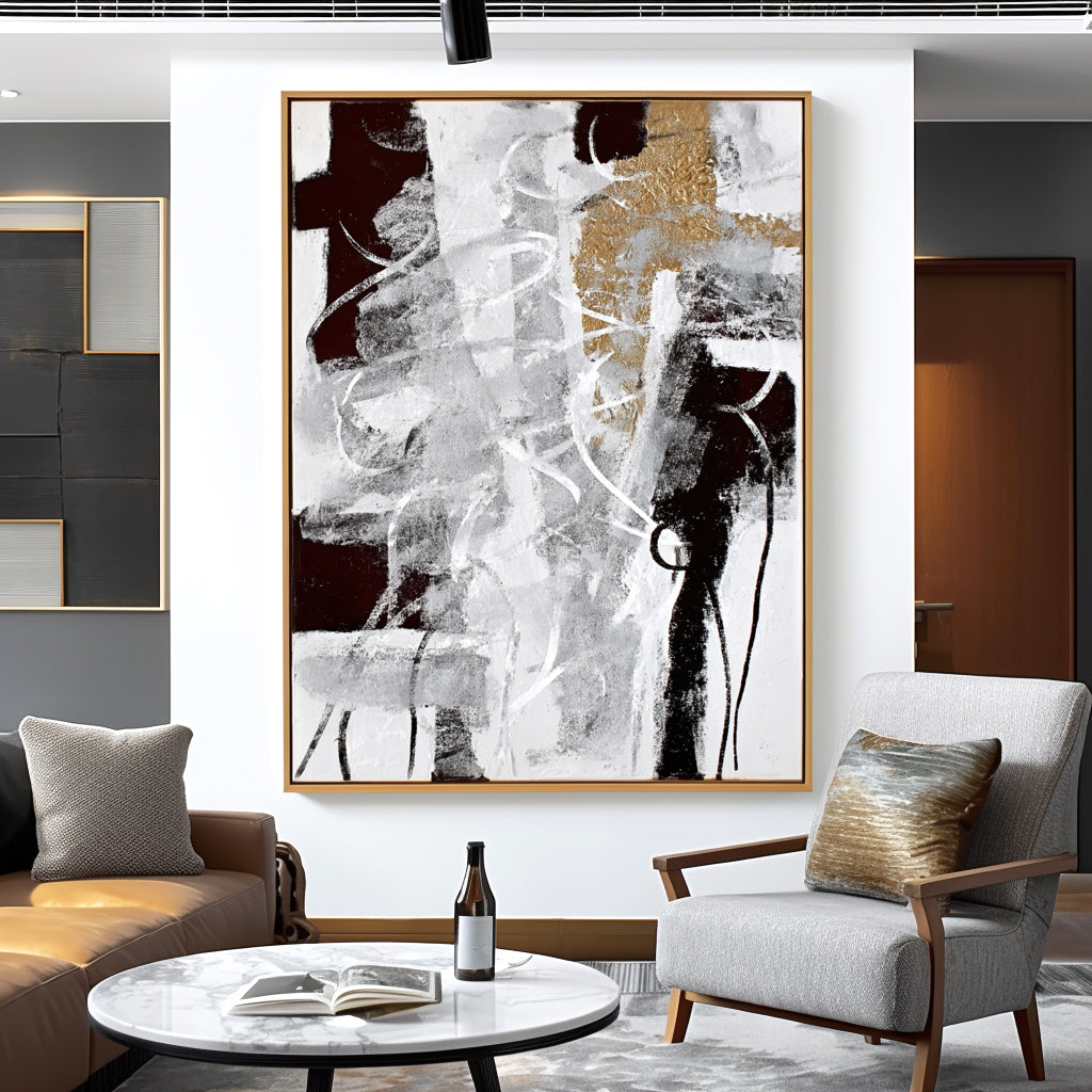 Abstract Black and White Art with Gold Accents – Modern Minimalist Painting