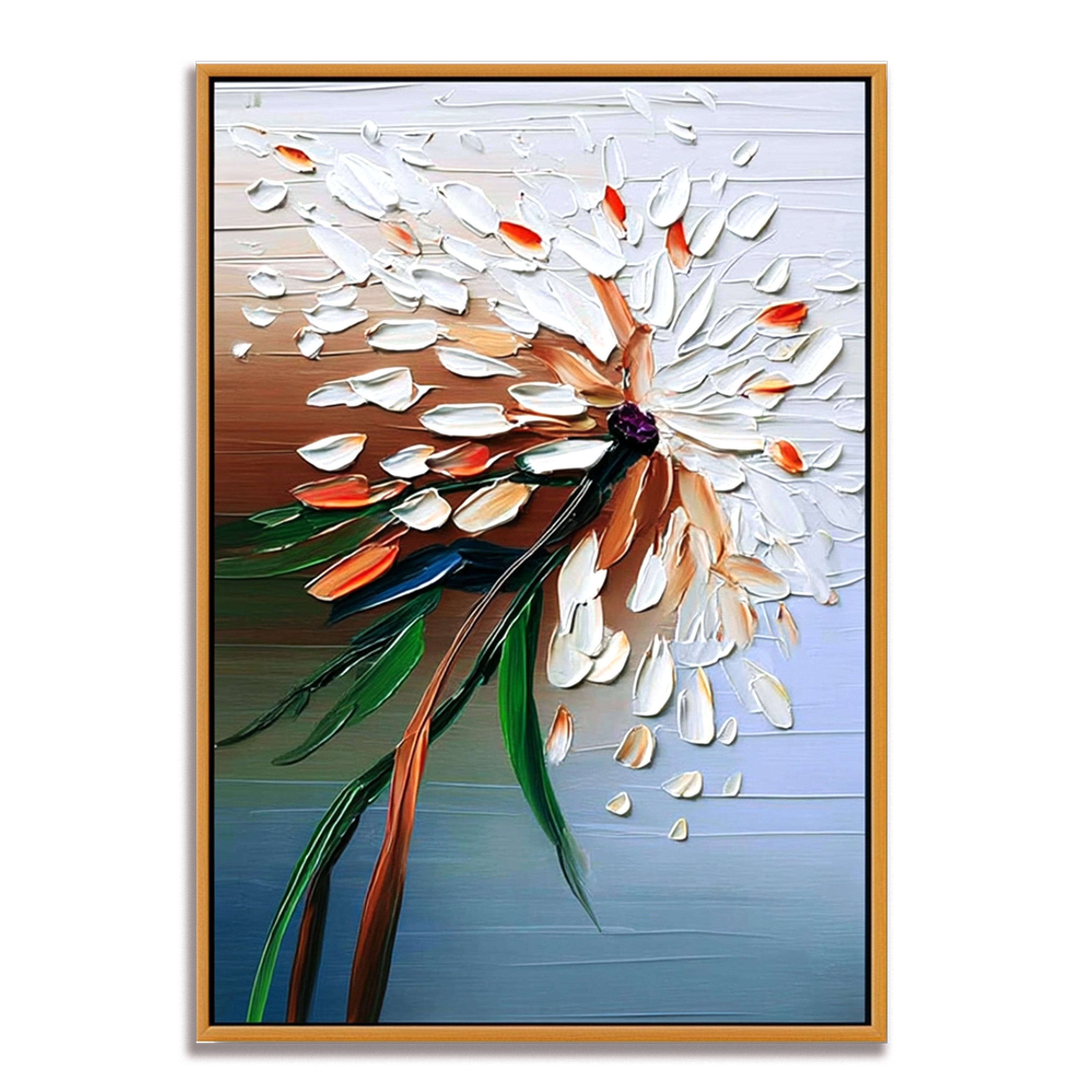 Textured abstract floral oil painting with white and orange petals on gradient background