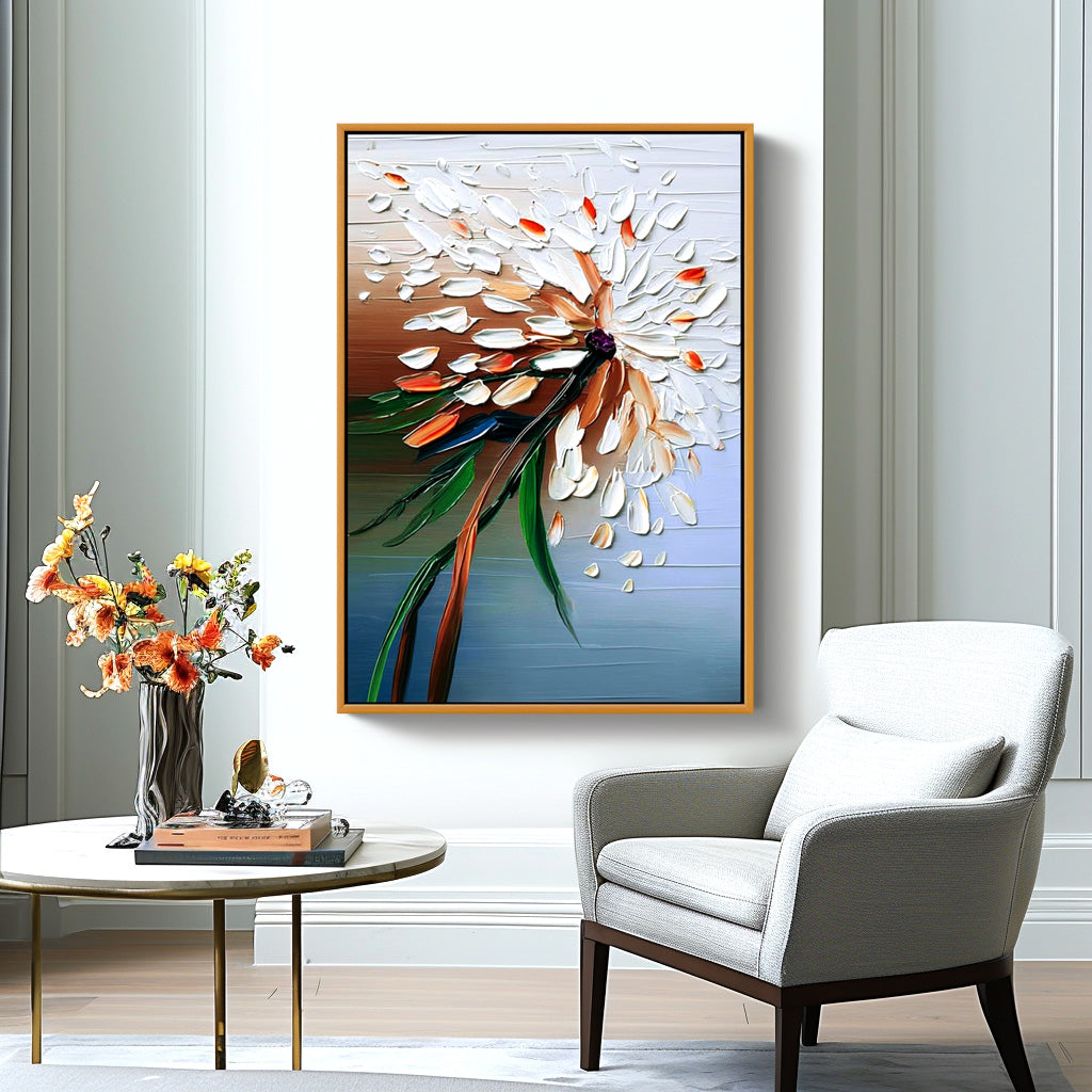 Textured abstract floral oil painting with white and orange petals on gradient background