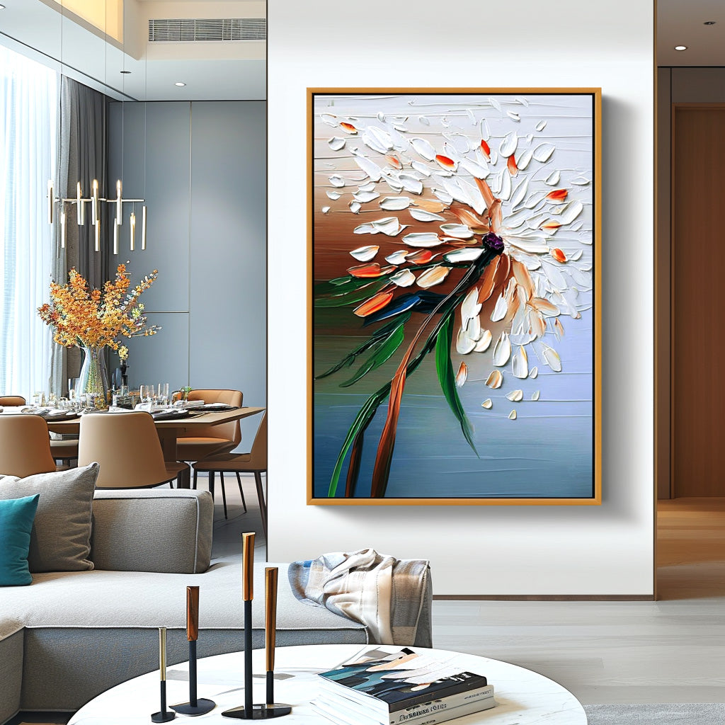 Textured abstract floral oil painting with white and orange petals on gradient background