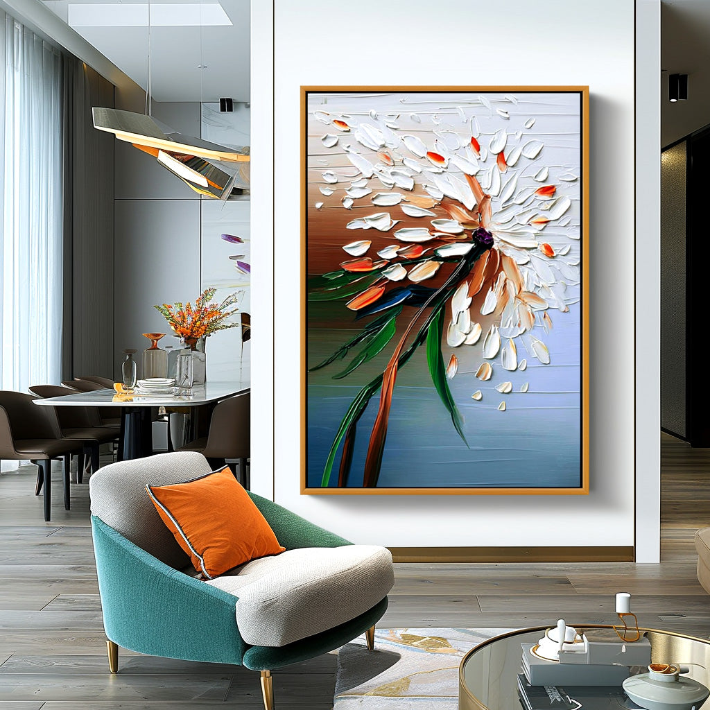 Textured abstract floral oil painting with white and orange petals on gradient background